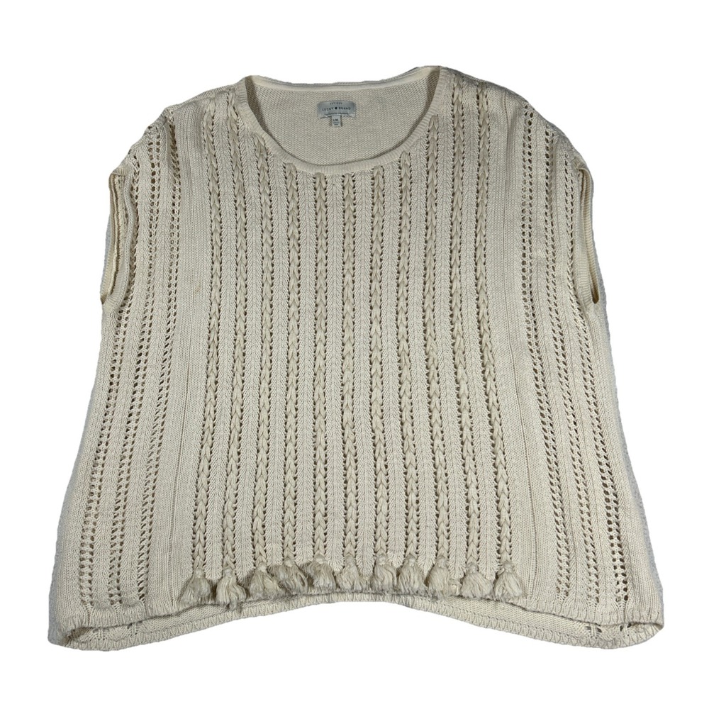 Lucky Brand Sweater Vest Women L/XL Cream Cable Knit Pointelle Fringe Tassel